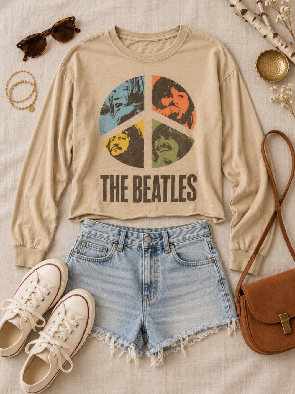 Junkfood Clothing The Beatles Peace Sign Graphic Long Sleeve Tee Small Cropped